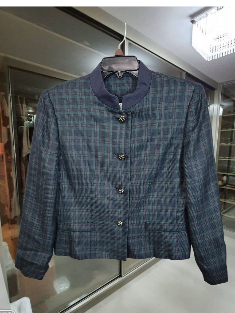 Vintage Le Suit Navy & Green Plaid Collarless Blazer with Back & Gold Buttons